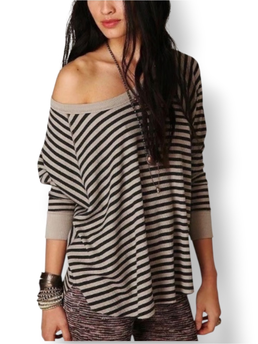 We The Free Free People Love Bug Striped Waffle Knit Thermal Top Small Oversized